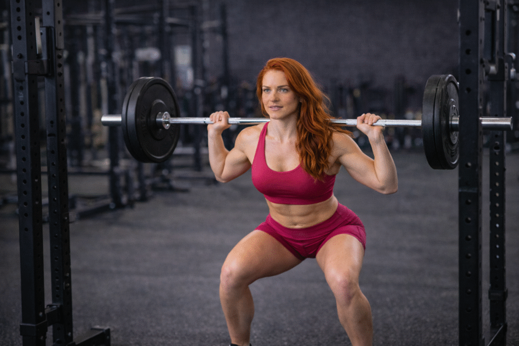 mulher fazendo musculação exercício de agachamento